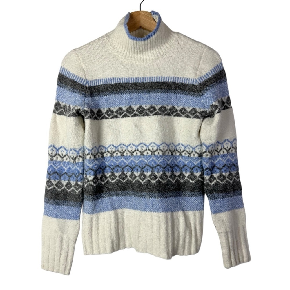 Boutique Aspen White & Blue Fair Isle Turtleneck Knit Pullover Sweater XS